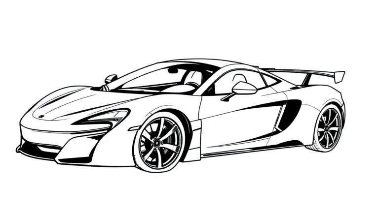Voiture de sport profilée dessinée au trait avec des lignes modernes, un aileron arrière et des jantes distinctives, prête à être coloriée sur un color panel.