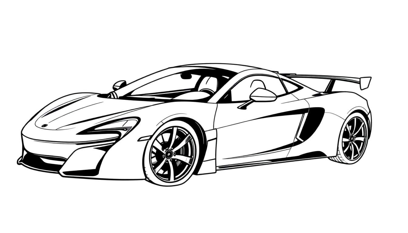 Voiture de sport profilée dessinée au trait avec des lignes modernes, un aileron arrière et des jantes distinctives, prête à être coloriée sur un color panel.