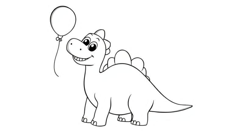 Dessin au trait d'un dinosaure de dessin animé coloré avec un ballon.