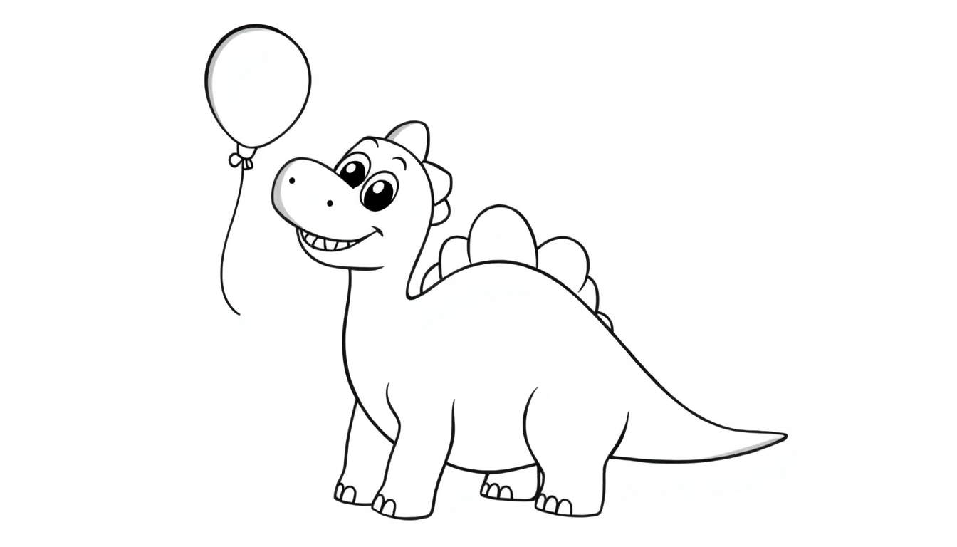 Dessin au trait d'un dinosaure de dessin animé coloré avec un ballon.