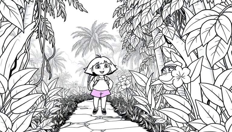 Dora l'exploratrice et Babouche dans la jungle sur un chemin de pierres, prêt pour le coloriage.