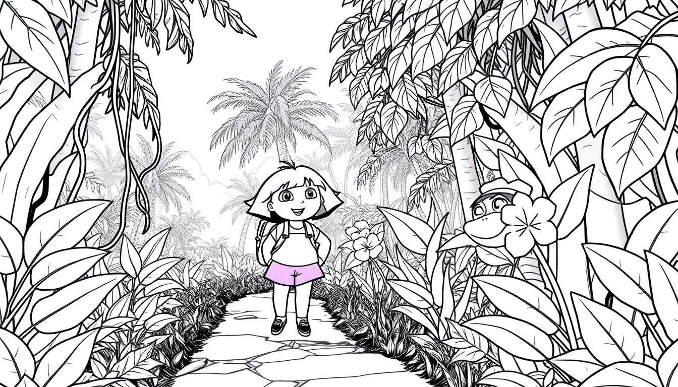 Dora l'exploratrice et Babouche dans la jungle sur un chemin de pierres, prêt pour le coloriage.
