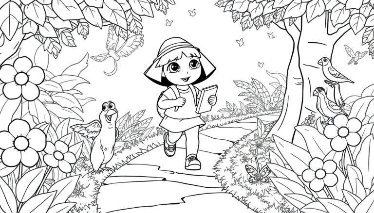 Dora l'exploratrice dessinée, tenant un carnet, marchant dans une forêt avec des oiseaux et des papillons.