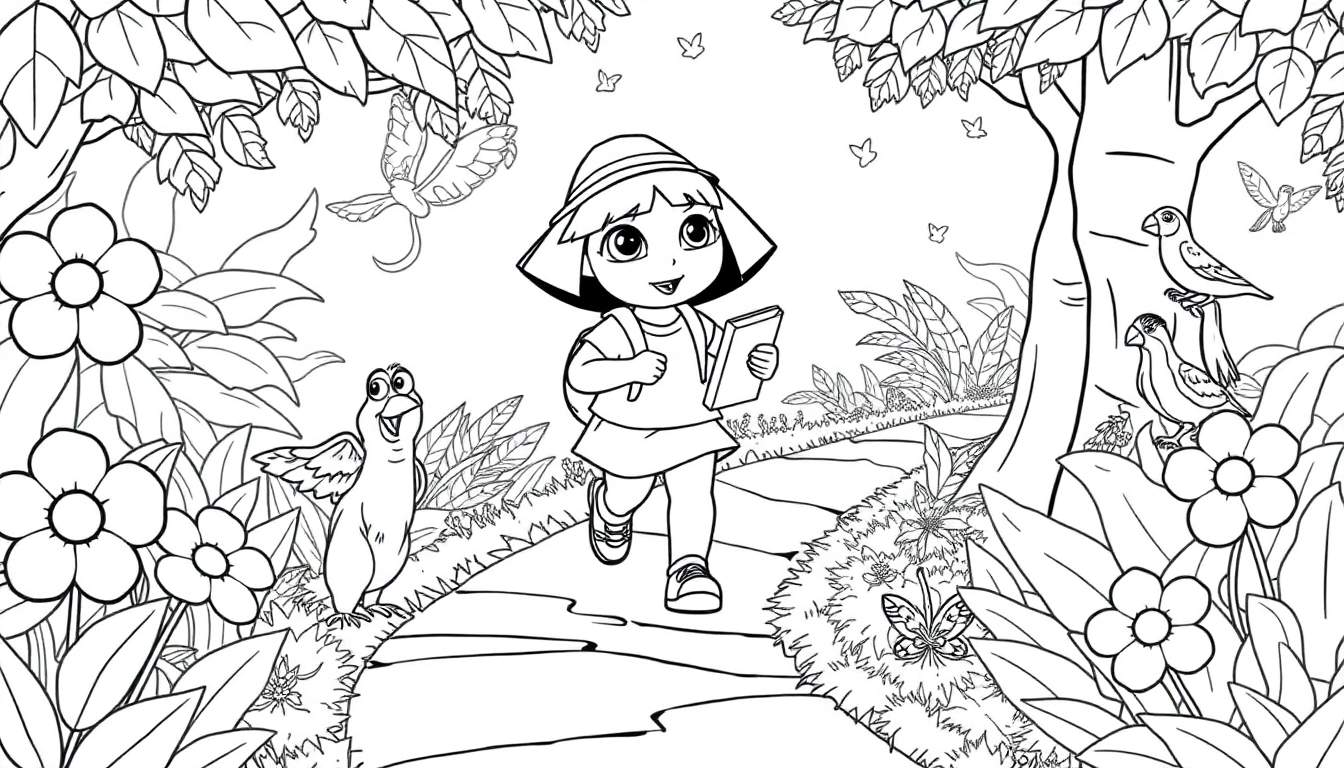 Dora l'exploratrice dessinée, tenant un carnet, marchant dans une forêt avec des oiseaux et des papillons.