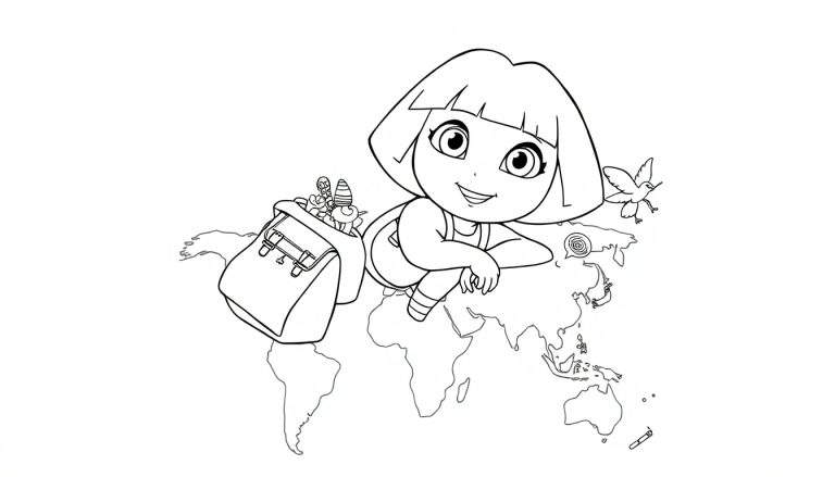 Dora l'exploratrice assise sur une carte du monde avec son sac à dos, prête pour l'aventure.