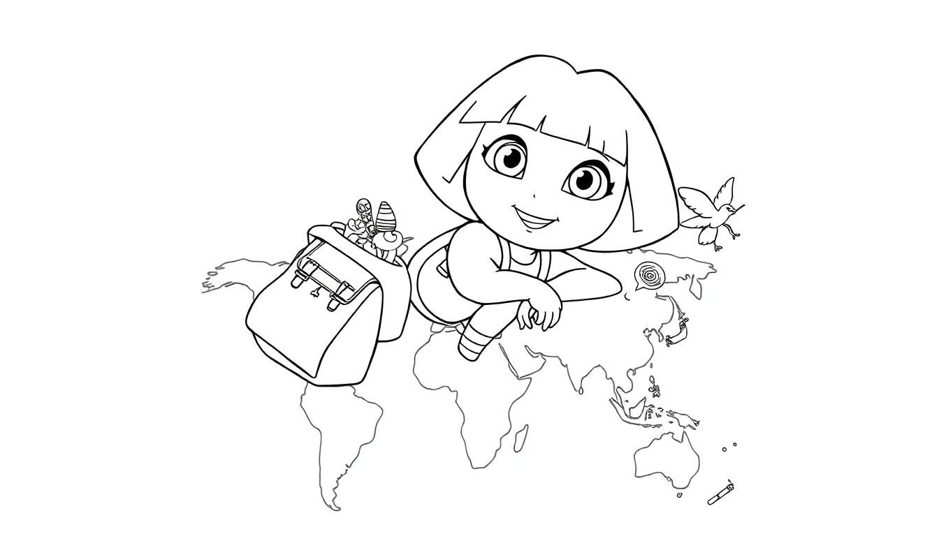 Dora l'exploratrice assise sur une carte du monde avec son sac à dos, prête pour l'aventure.