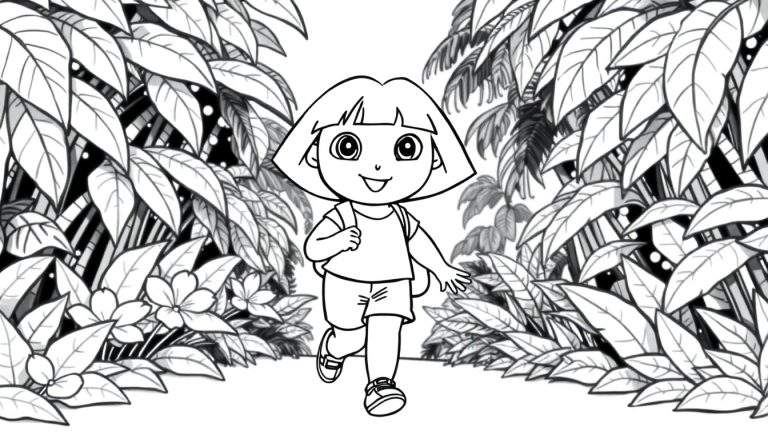 Dora l'exploratrice courant dans une jungle, style livre de coloriage.