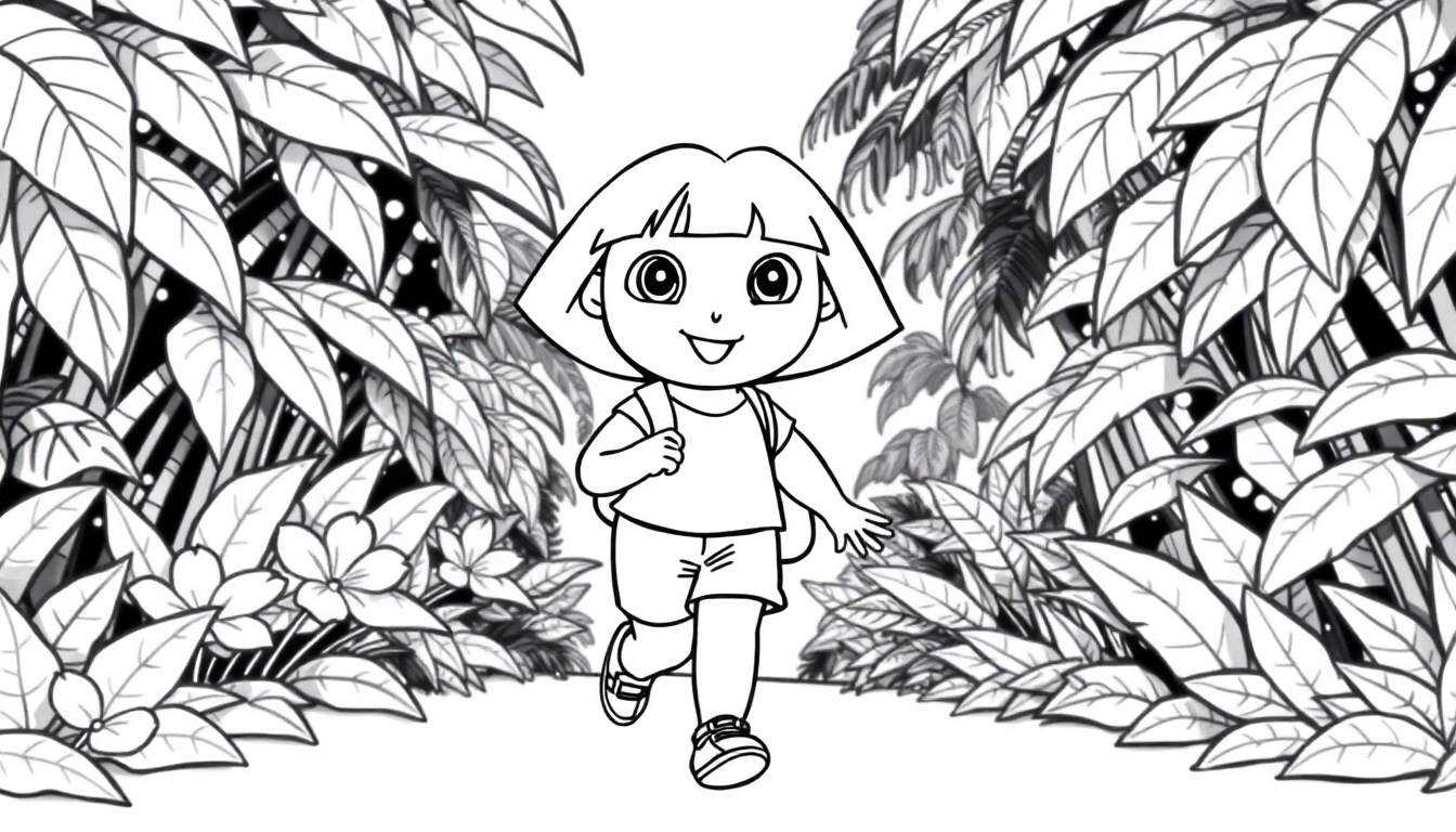 Dora l'exploratrice courant dans une jungle, style livre de coloriage.