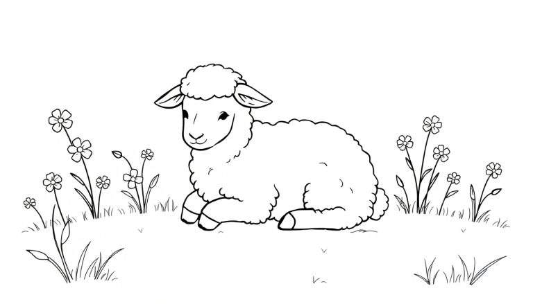 Un agneau blanc paisiblement couché dans un champ verdoyant parsemé de petites fleurs, le tout en noir et blanc, évoquant un color panel de tranquillité.