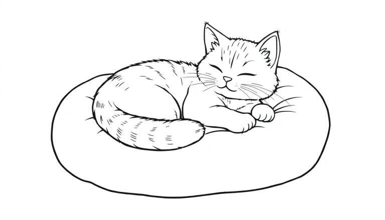 Dessin au trait d'un chaton endormi sur un coussin, parfait pour un color panel.