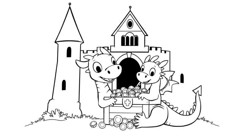 Color panel of two cute cartoon dragons guarding a treasure chest in front of a castle.