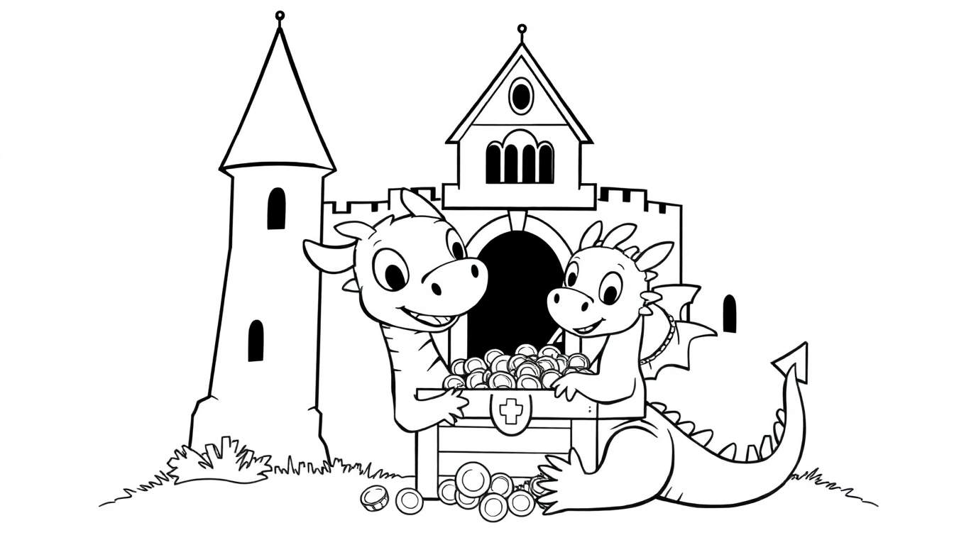 Color panel of two cute cartoon dragons guarding a treasure chest in front of a castle.