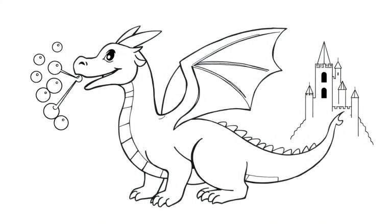 Un dessin au trait d'un dragon de dessin animé soufflant des bulles devant un château, idéal pour un coloriage.