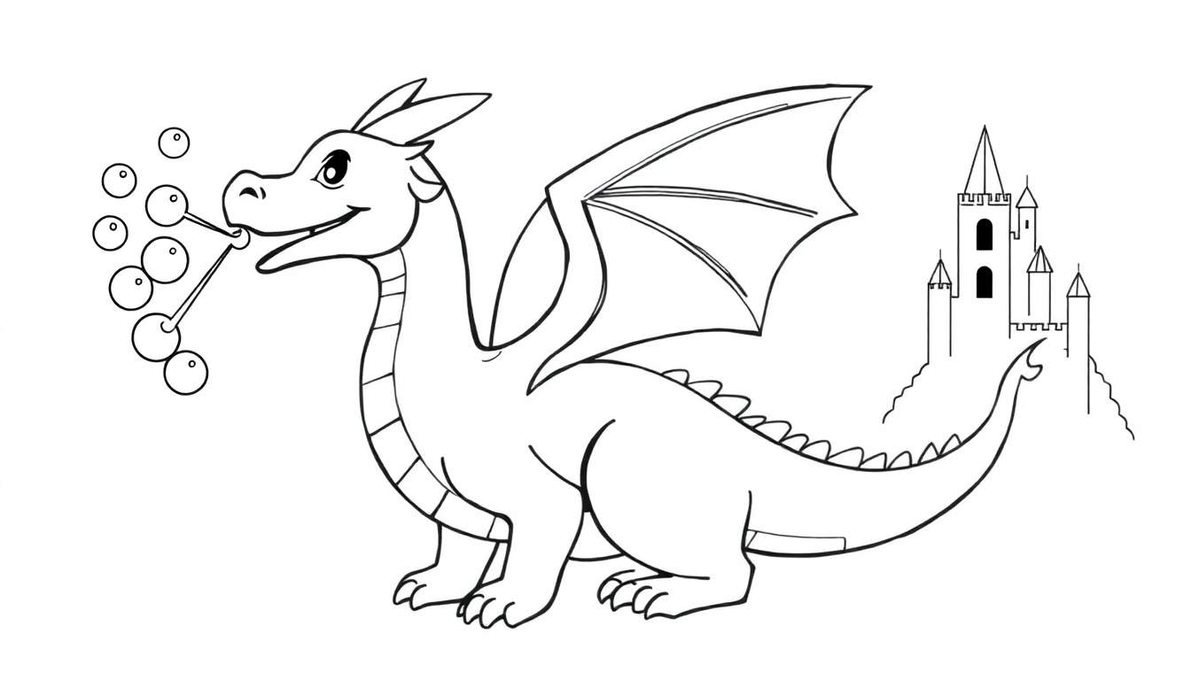 Un dessin au trait d'un dragon de dessin animé soufflant des bulles devant un château, idéal pour un coloriage.