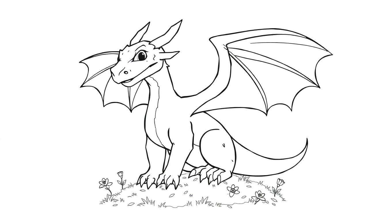 Dragon au trait noir et blanc dans un champ de fleurs, prêt à être colorisé