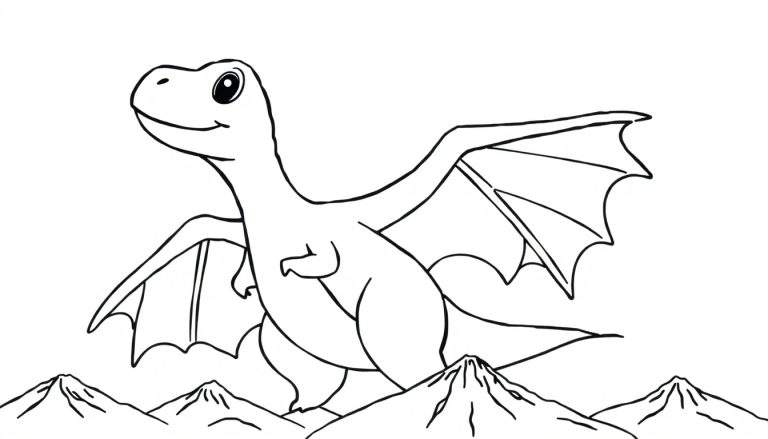 Un dragon de dessin animé mignon et souriant avec des ailes rayées se tient sur des montagnes, prêt à être colorié dans ce color panel.