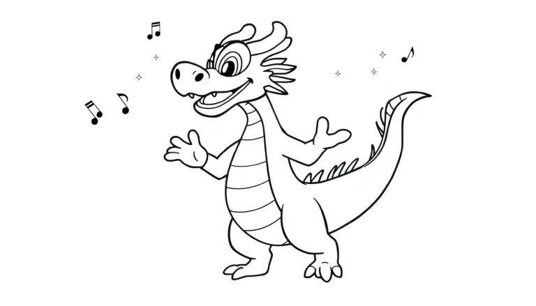 Dragon joyeux et dansant entouré de notes de musique et d'étoiles, prêt à être colorié.