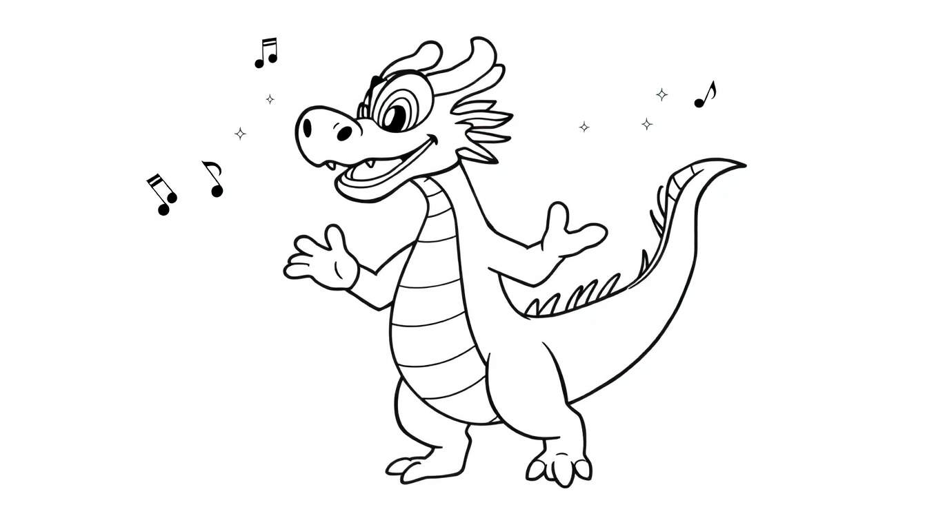 Dragon joyeux et dansant entouré de notes de musique et d'étoiles, prêt à être colorié.