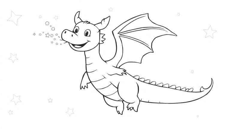 Dessin au trait d'un dragon amical soufflant des bulles, parfait pour un color panel.
