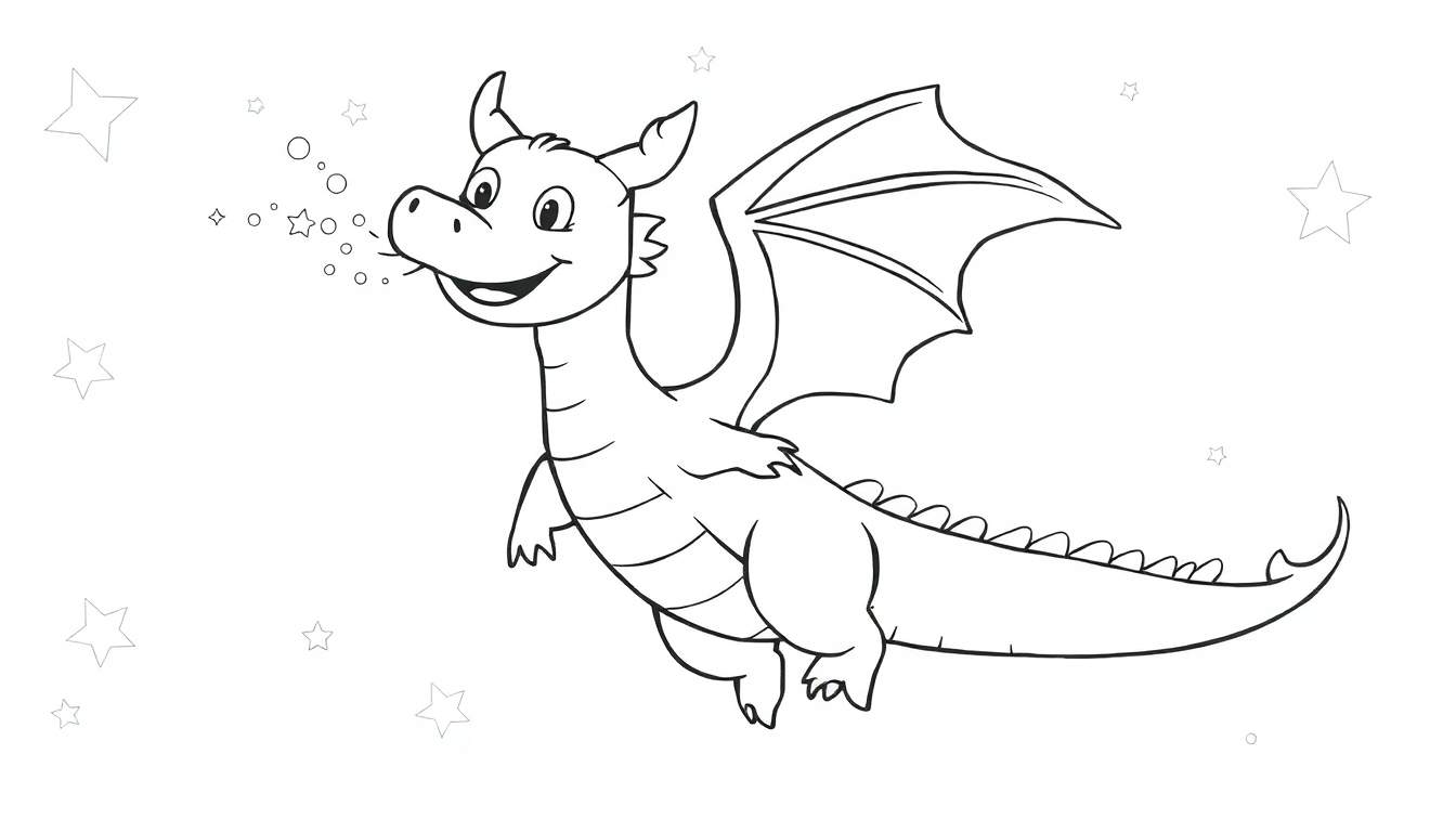 Dessin au trait d'un dragon amical soufflant des bulles, parfait pour un color panel.