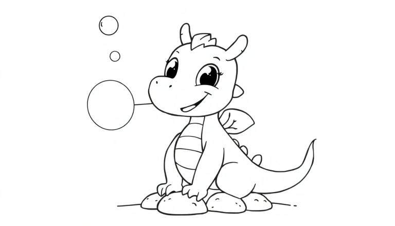 Un adorable petit dragon dessiné en noir et blanc est assis sur des rochers et souffle une grosse bulle, avec deux autres bulles flottant au-dessus de sa tête. C'est un dessin prêt pour le color panel.