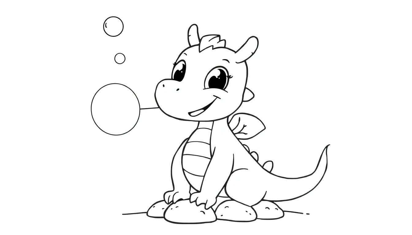Un adorable petit dragon dessiné en noir et blanc est assis sur des rochers et souffle une grosse bulle, avec deux autres bulles flottant au-dessus de sa tête. C'est un dessin prêt pour le color panel.