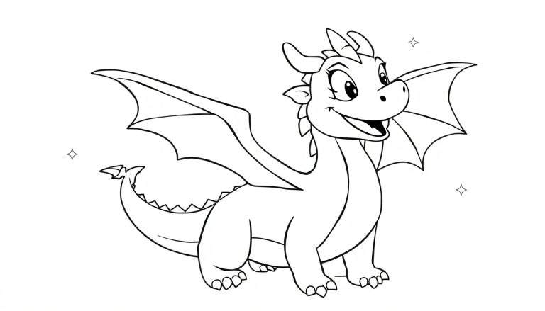 Un dragon de dessin animé souriant, dessiné au trait, avec des étoiles scintillantes, prêt pour un color panel.