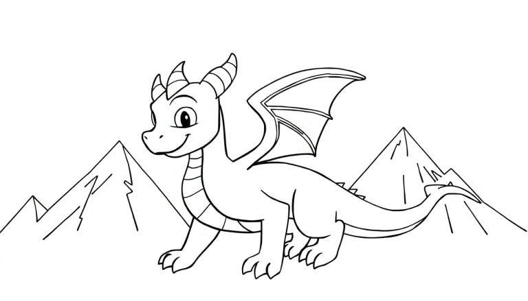 Dessin au trait d'un dragon souriant devant des montagnes, idéal pour un color panel.