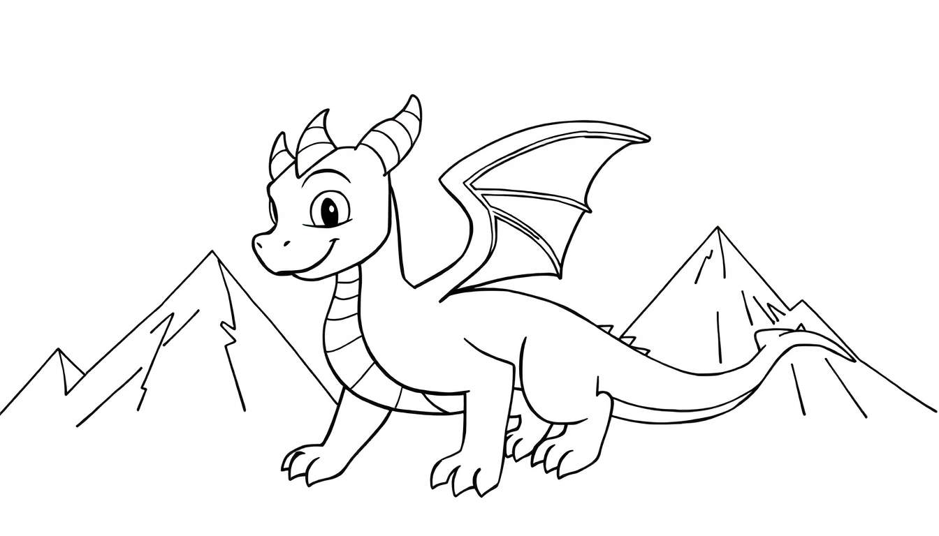 Dessin au trait d'un dragon souriant devant des montagnes, idéal pour un color panel.