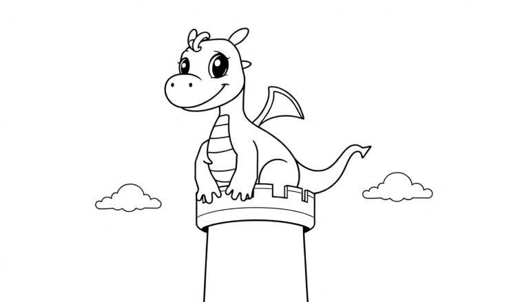 Un dragon amical de dessin animé perché sur une tour de château, conçu pour un panneau de coloriage en noir et blanc.