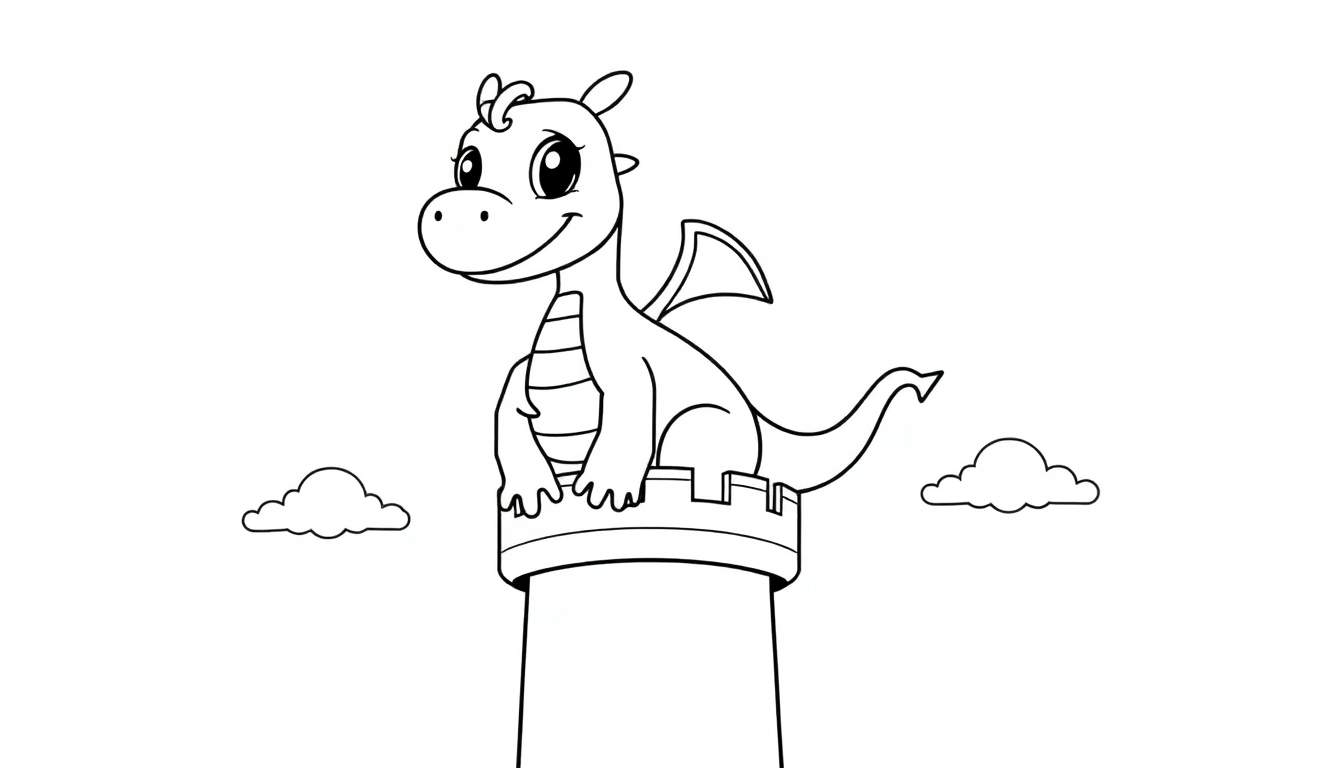 Un dragon amical de dessin animé perché sur une tour de château, conçu pour un panneau de coloriage en noir et blanc.