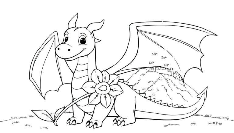 Dessin au trait noir et blanc d'un mignon dragon de dessin animé tenant une fleur, avec une montagne et un château en arrière-plan.