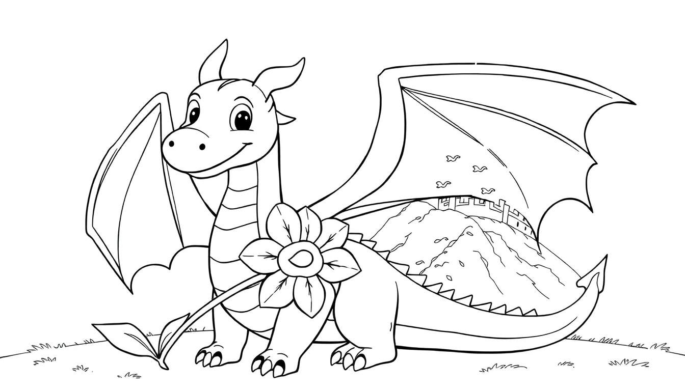 Dessin au trait noir et blanc d'un mignon dragon de dessin animé tenant une fleur, avec une montagne et un château en arrière-plan.