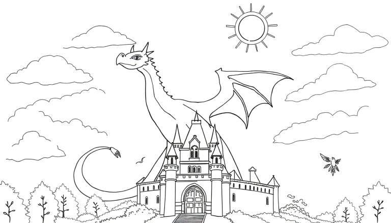 Color panel de dessin au trait d'un dragon majestueux survolant un château, avec un soleil souriant et des nuages moelleux.