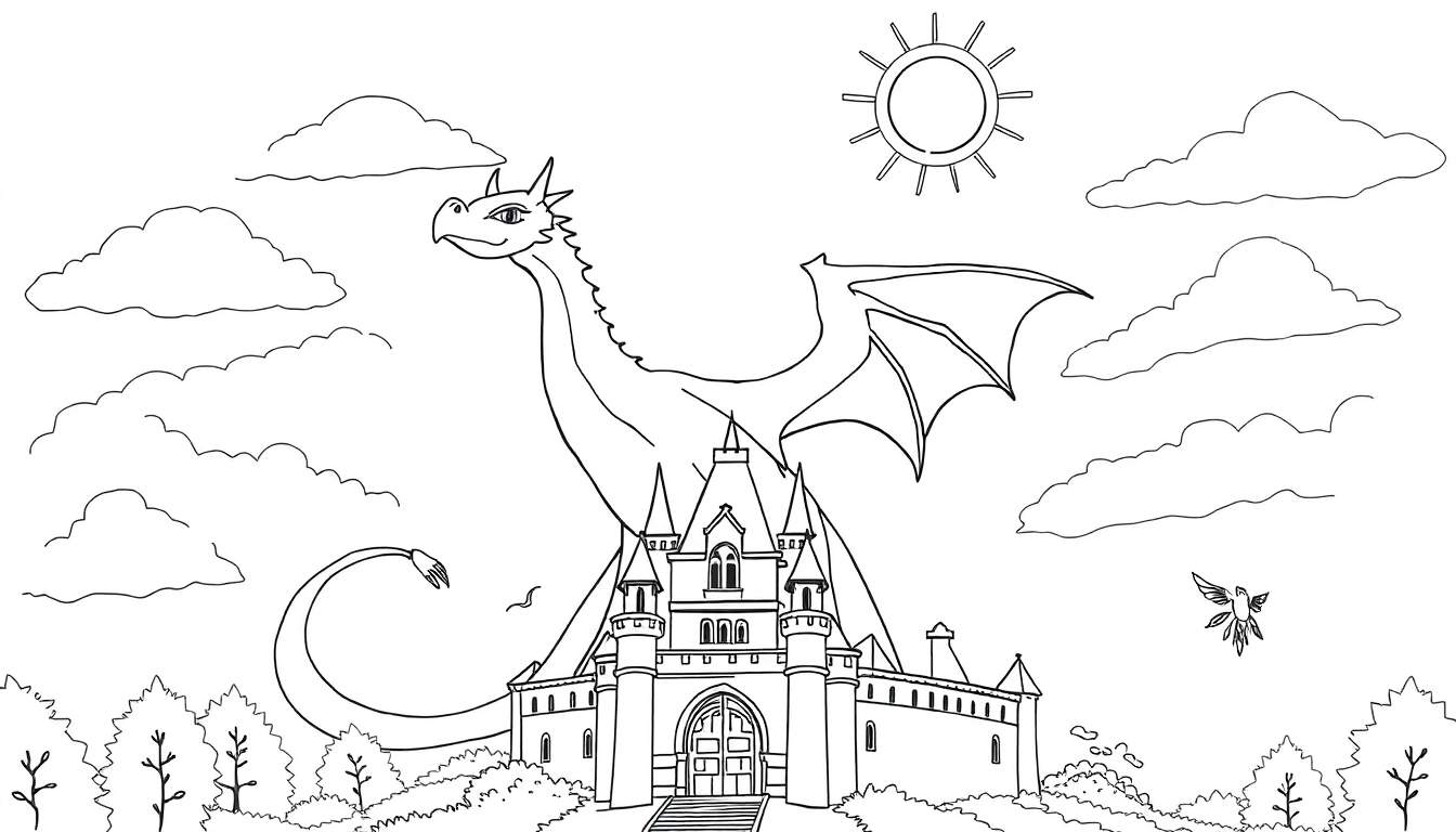 Color panel de dessin au trait d'un dragon majestueux survolant un château, avec un soleil souriant et des nuages moelleux.