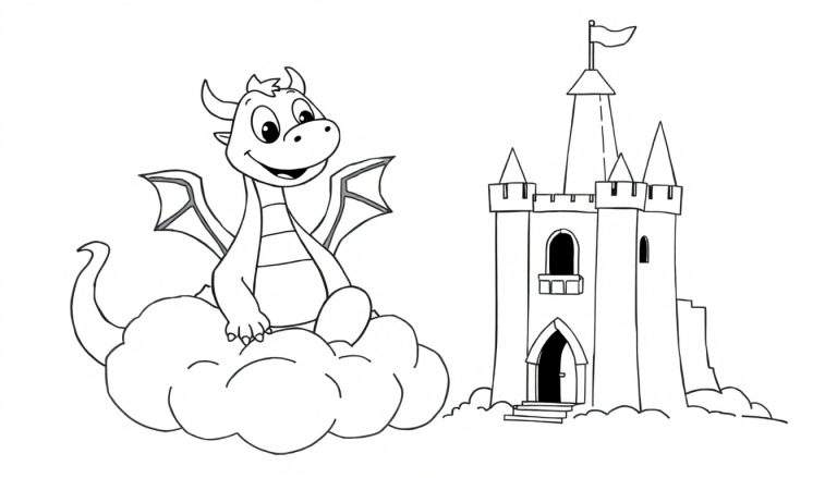 Dessin au trait d'un dragon souriant assis sur un nuage à côté d'un château avec un drapeau, idéal pour un color panel.