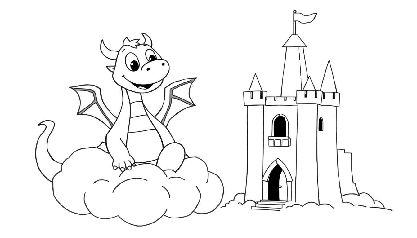 Dessin au trait d'un dragon souriant assis sur un nuage à côté d'un château avec un drapeau, idéal pour un color panel.