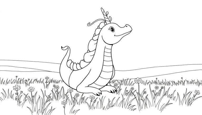 Un dragon joyeux coloré dans un pré fleuri.