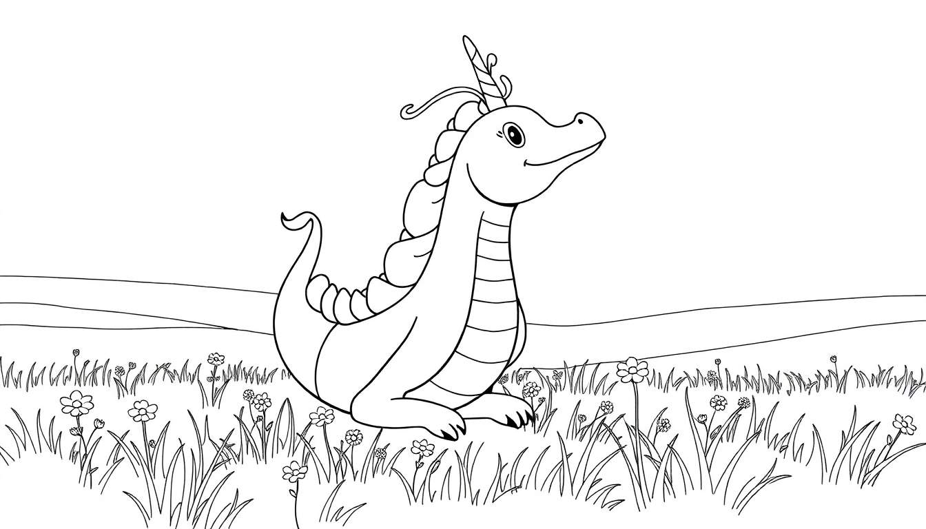 Un dragon joyeux coloré dans un pré fleuri.