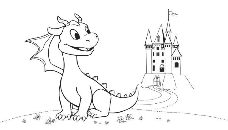 Un dragon amical de dessin animé assis près d'un château de conte de fées, prêt à être colorié.