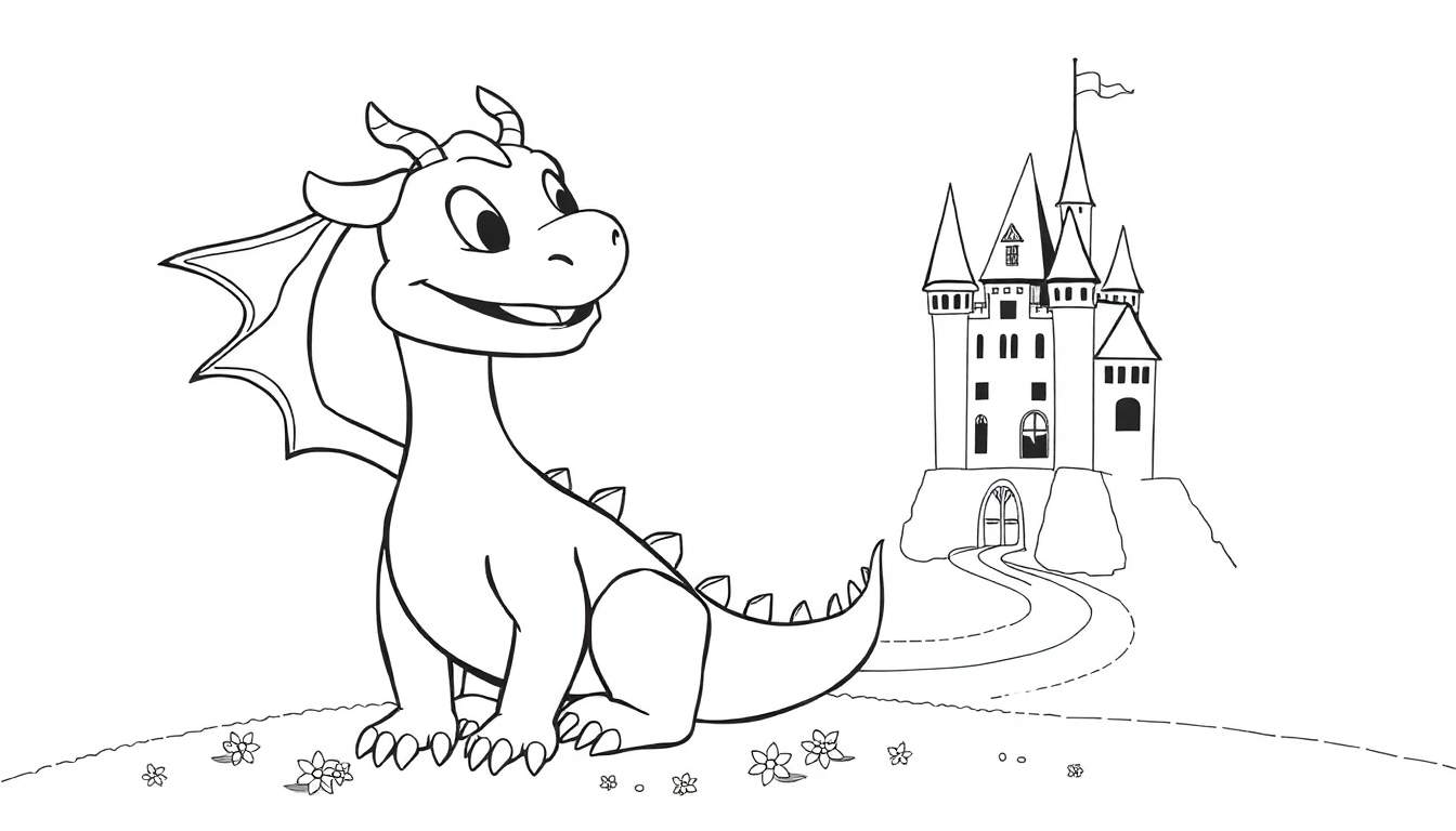Un dragon amical de dessin animé assis près d'un château de conte de fées, prêt à être colorié.