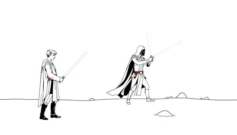 Deux personnages de dessin animé s'affrontent avec des sabres laser colorés sur un fond désertique.