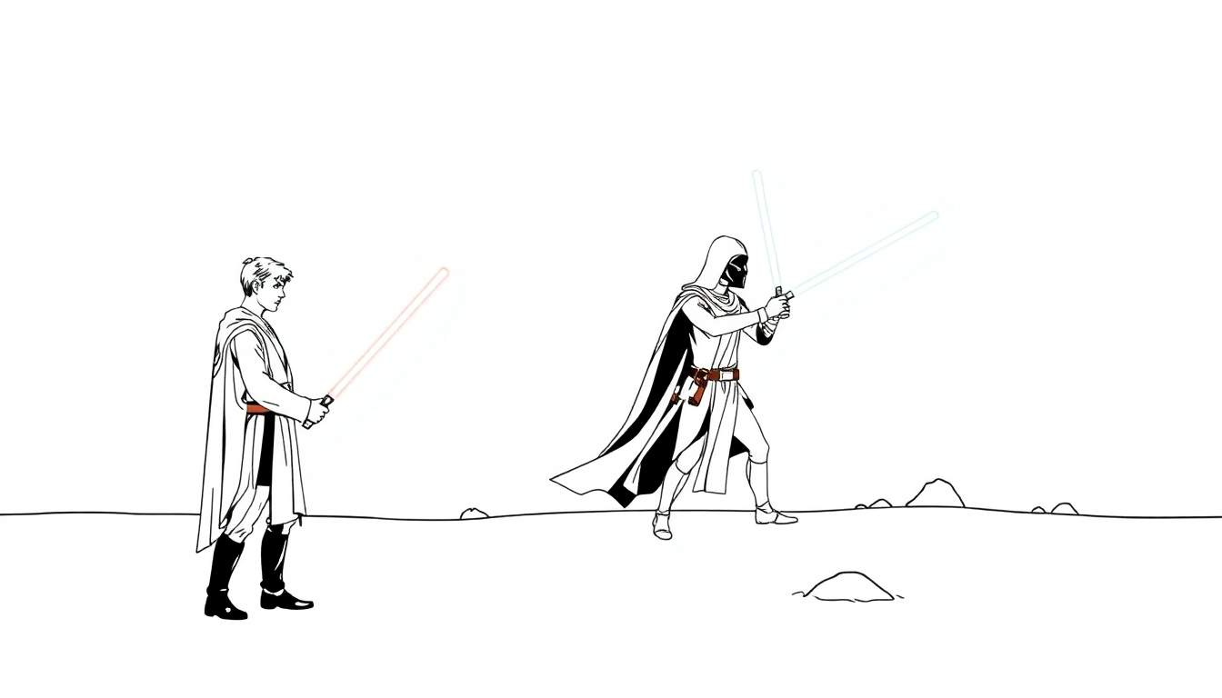 Deux personnages de dessin animé s'affrontent avec des sabres laser colorés sur un fond désertique.