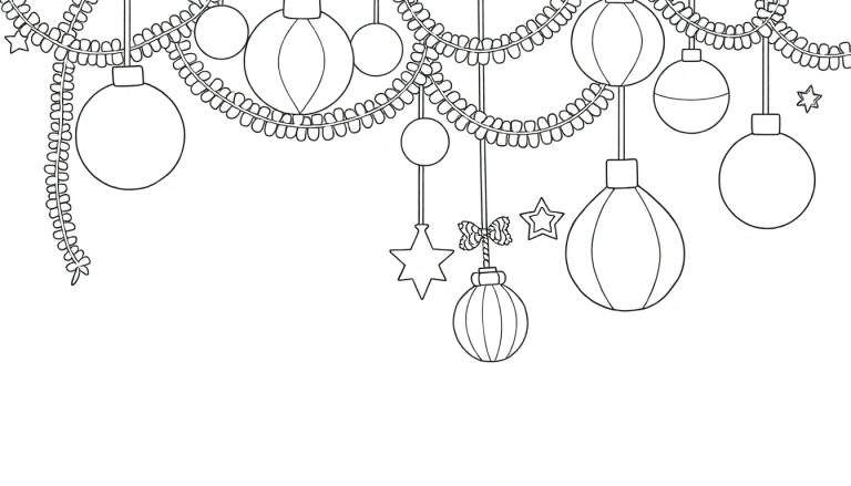 Un panneau de coloration avec des décorations de fête en noir et blanc, y compris des guirlandes de boules et d'étoiles.