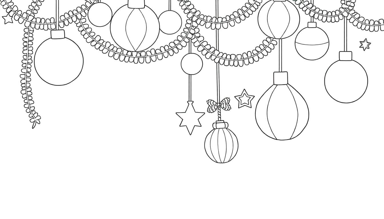 Un panneau de coloration avec des décorations de fête en noir et blanc, y compris des guirlandes de boules et d'étoiles.