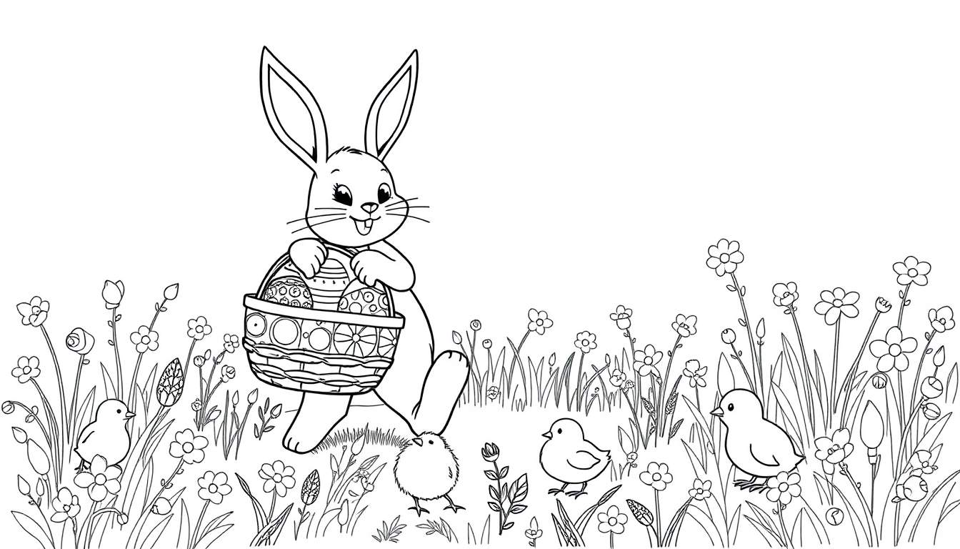 A black and white illustration of the Easter Bunny in a flower field with chicks, a colour plate.