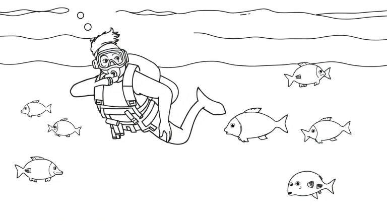 Un dessin au trait simple d'un plongeur interagissant avec des poissons dans l'océan.