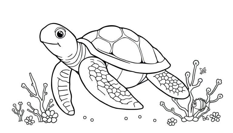 Dessin au trait d'une tortue de mer nageant dans l'océan, avec des motifs hexagonaux sur sa carapace et ses nageoires, entourée de plantes marines et de petits poissons rayés. De petites bulles sont dispersées.