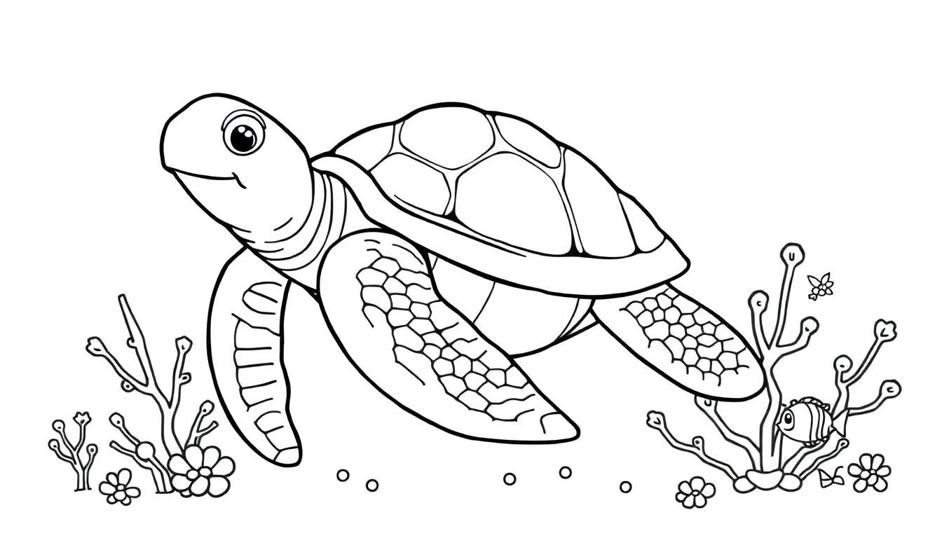 Dessin au trait d'une tortue de mer nageant dans l'océan, avec des motifs hexagonaux sur sa carapace et ses nageoires, entourée de plantes marines et de petits poissons rayés. De petites bulles sont dispersées.
