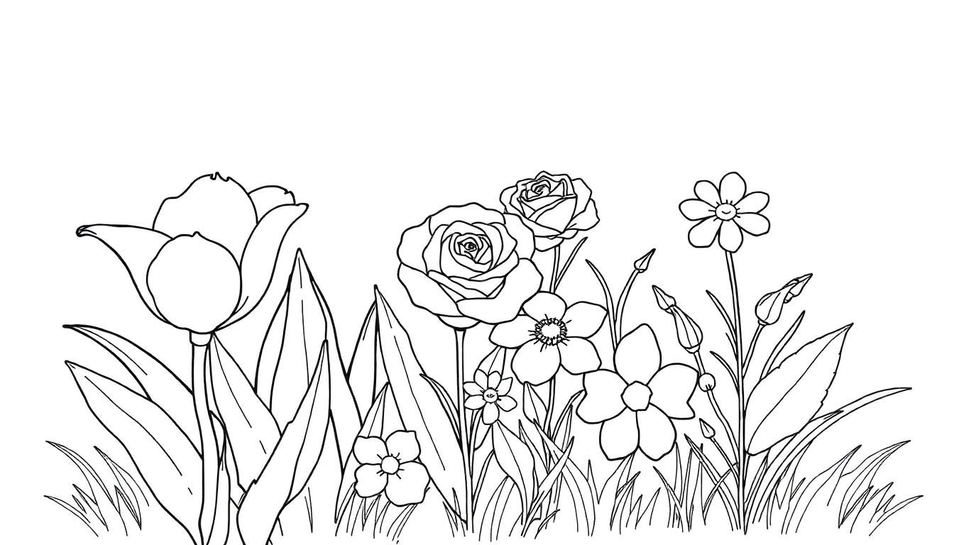 Un dessin au trait d'une prairie fleurie avec des tulipes, des roses et des marguerites, parfait pour un color panel.
